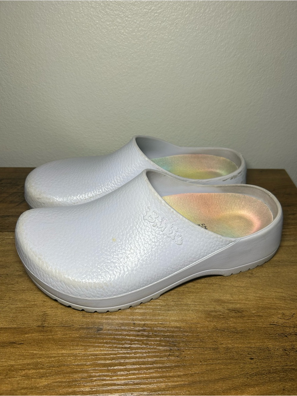 Birkenstock White Slip-On Clogs with Iridescent Insole